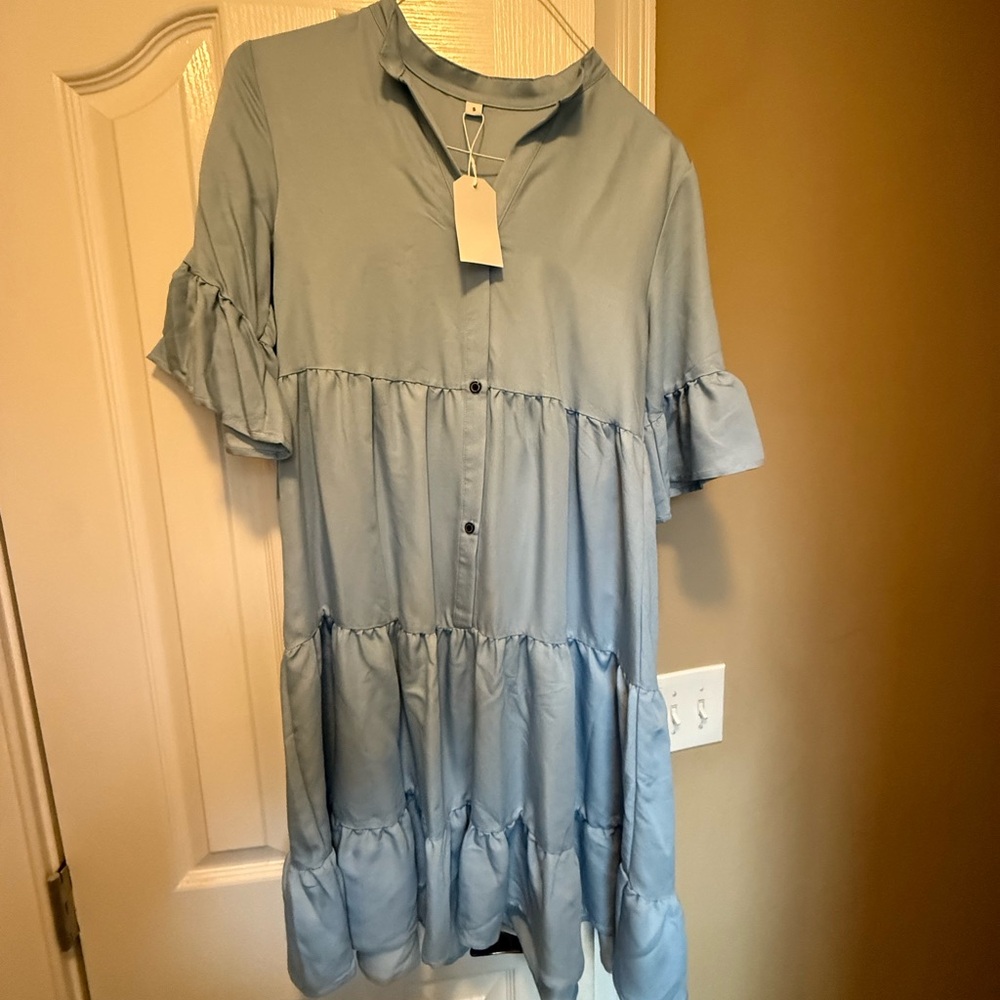 Light Blue Tiered Button-Down Dress